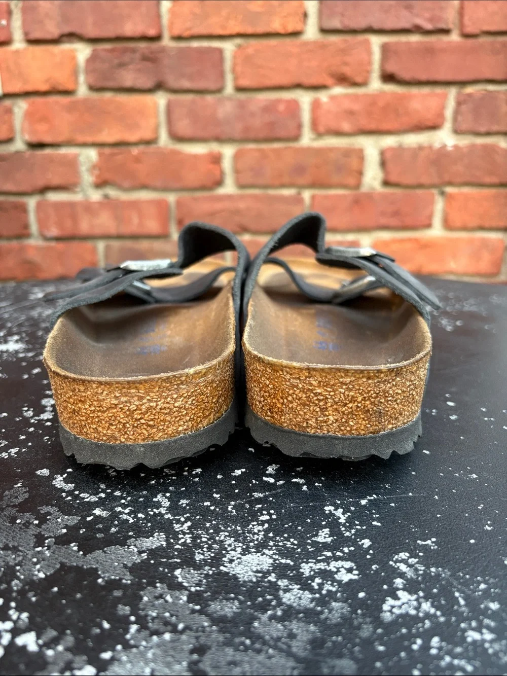 Men’s Arizona Birkenstock Black Suede Two-Strap Sandal. Size 46 / US 13-13.5